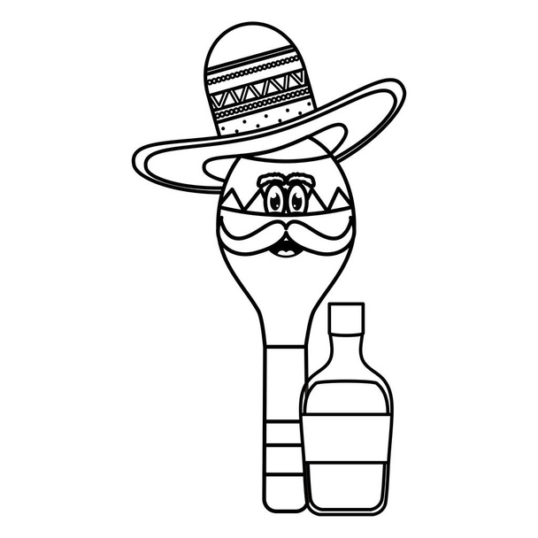 maraca with mexican hat character and tequila bottle - Vector, Image