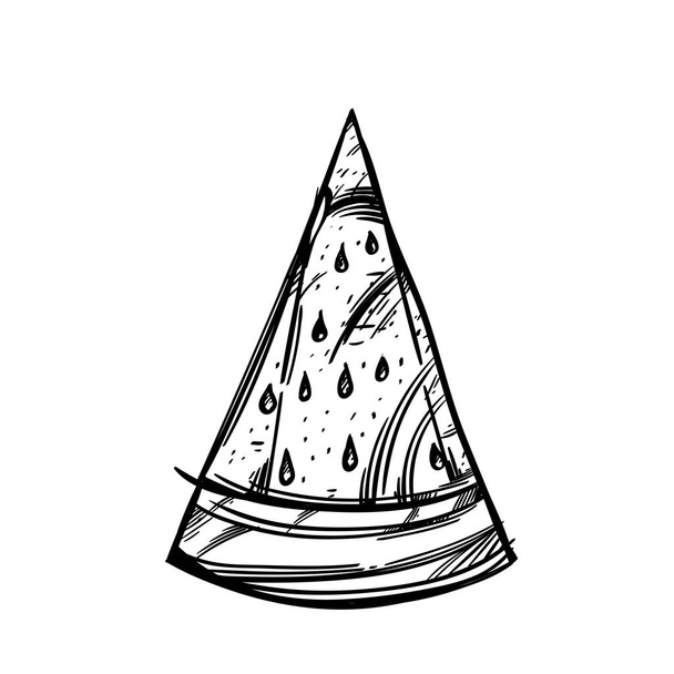 Print oder Logo Stück Wassermelone mit Steinen. Vektor schwarz-weiße Zeichnung. - Vektor, Bild