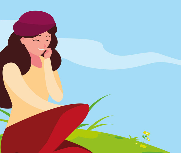 beautiful woman with beret seated in the park - Vector, Image