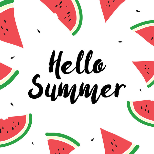 Hello summer hand drawn card. Hand drawn watermelons on the white background - Vector, Imagen