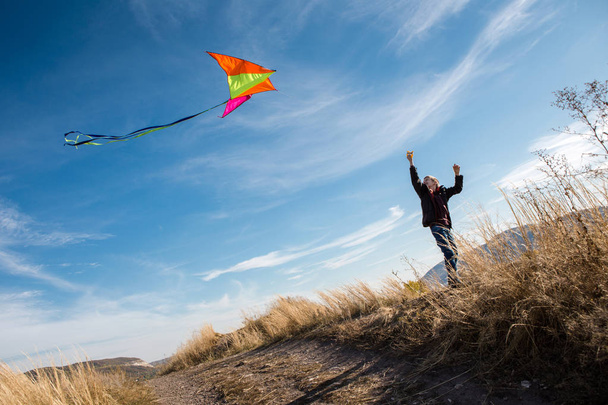 A boy with a kite against the blue sky. Bright sunny day. Strong - Photo, image