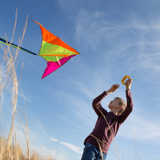 A boy with a kite against the blue sky. Bright sunny day. Europe - Фото, изображение