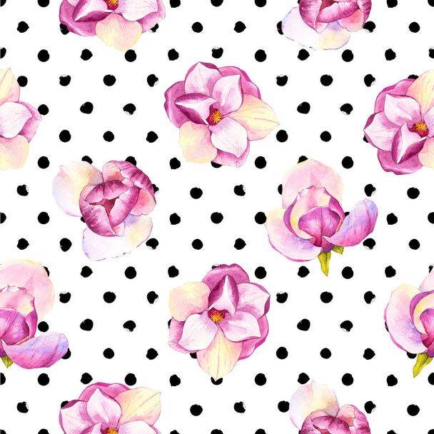 Spring seamless background with watercolor magnolia. Floral purple pattern with realistic flowers on polka dots background for your design and decor. - Fotó, kép