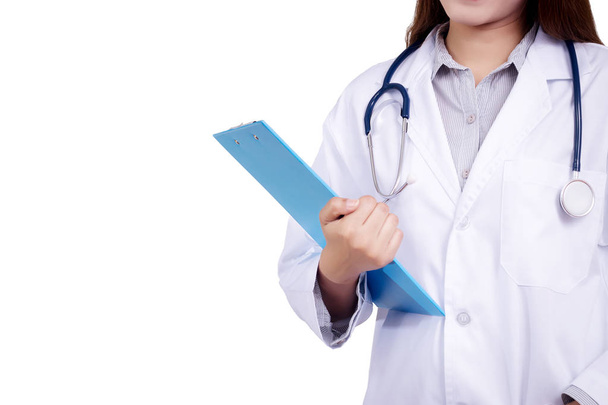 Young Asian doctor with doctor gown uniform with stethoscope holding a clipboard . Beautiful Asia female model in her 20s. Isolate on white background. Clipping path with copy space, anonymous face - Photo, image