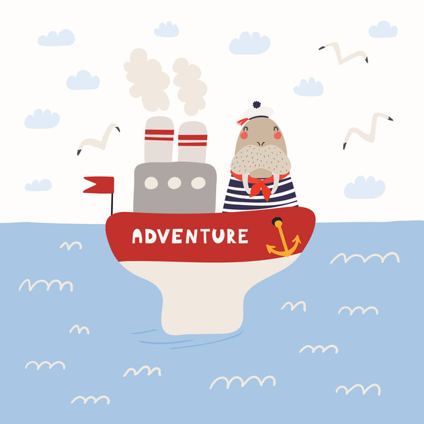 handgezeichnete Vektorillustration eines niedlichen Walrossseglers auf einem Schiff im offenen Meer mit Möwen und Wolken. flaches Design im skandinavischen Stil. Konzept für Kinder. - Vektor, Bild