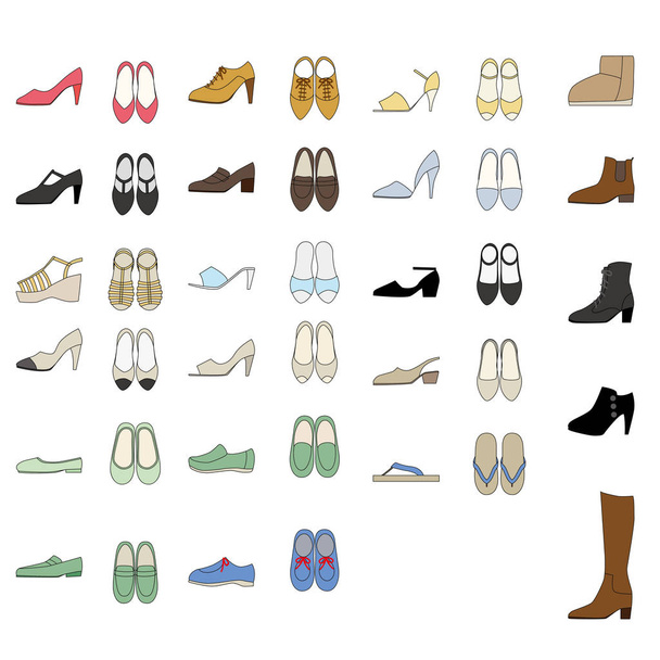 Komplet ilustracyjnych butów dla kobiet. - Wektor, obraz