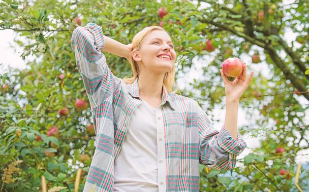 vitamin and dieting food. orchard, gardener girl in apple garden. Happy woman eating apple. healthy teeth. hunger. spring harvest. summer fruit. picnic in the countryside. healthcare and diet - Photo, Image