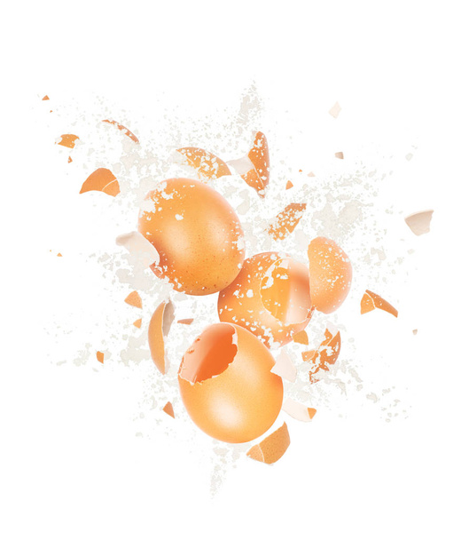 Broken chicken egg with splashes of flour, isolated on a white background - Foto, afbeelding