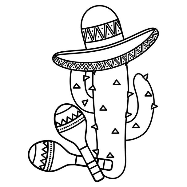 cactus plant with mexican hat and maracas - Vector, Image