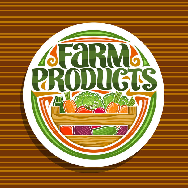 Vector logo a farm termékek, fehér jelzések a halom cukkini, nyers répa gyökér és csontvelő fa szállító láda, tipográfia a szavak mezőgazdasági termékek, a vidéki design címke veggies a farm Store. - Vektor, kép