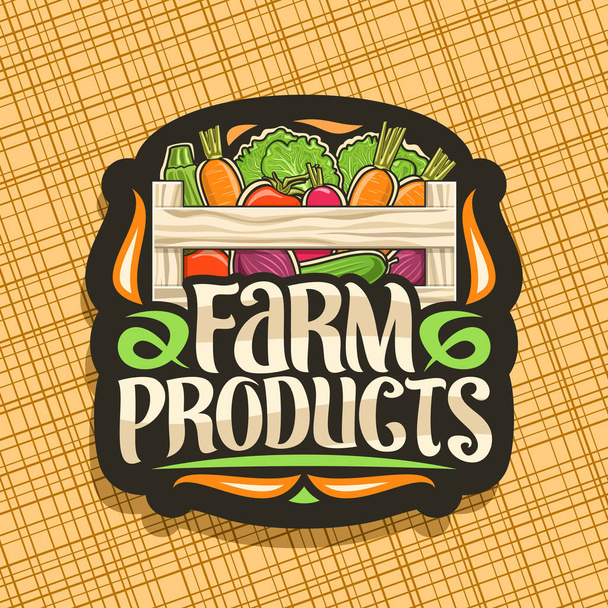 Vector logo for Farm Products, black decorative label with pile of beet root, raw marrow and radish in wood carrying crate, brush typography for words farm products, rural signboard for farmer market. - Vector, Image
