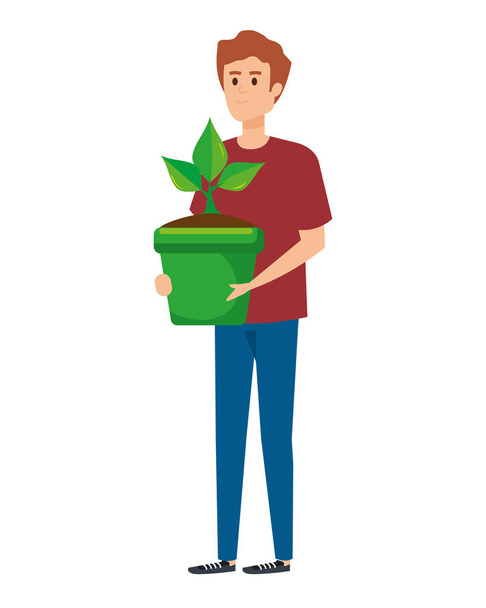 jovem homem levantando planta de sala em vaso
 - Vetor, Imagem