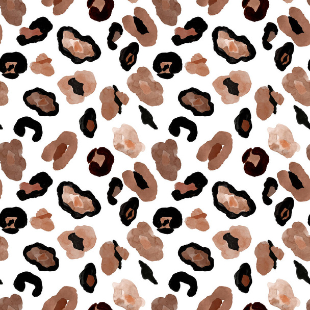 Leoprad skin print with brown, beige and black spots on white background. Wild exotic animal print, hand painted. - Photo, Image