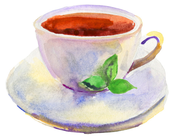 fincan çay ve bir doğal yeşil yaprak suluboya - Fotoğraf, Görsel