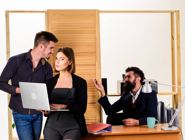 Woman attractive lady working with men. Office collective concept. Sexual attraction. Stimulate sexual desire. Vulnerable to sexual harassment and assault. Woman working in mostly male workplace - Photo, image