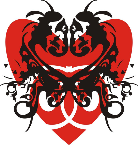 rotes Herz mit Drachenköpfen Elementen. Fantasievolle Drachen vor dem Hintergrund des roten Herzens zum Valentinstag - Vektor, Bild