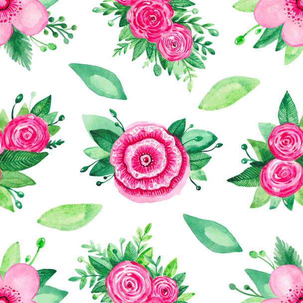 Acuarela ilustración patrón sin costuras de rosa flor de cerezo rosa conjunto floral sobre fondo blanco
 - Foto, Imagen