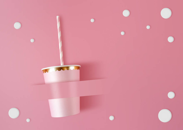 Paper cup with straws on pink celebration background. Pink cups made from cardboard for party style. - Foto, immagini