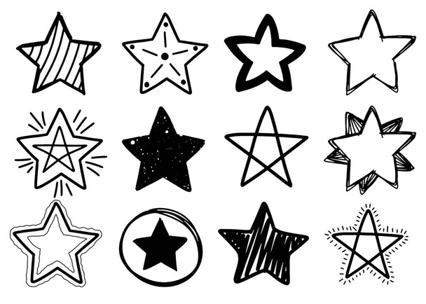 Набор черных рисованных вручную каракулей звезд в изолированном на белом фоне.  - Вектор,изображение
