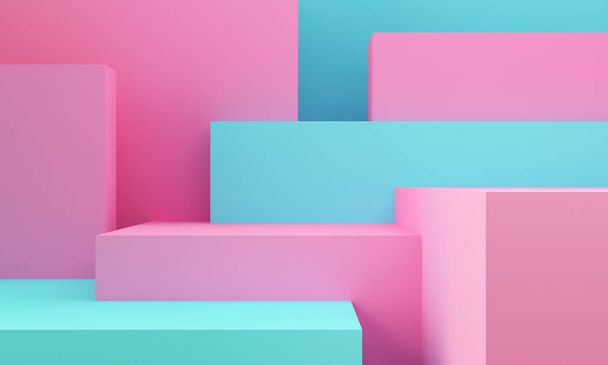 Pink and blue geometric shapes. Abstract pastel color background. Decorative elements backdrop. 3d rendering. - Photo, Image