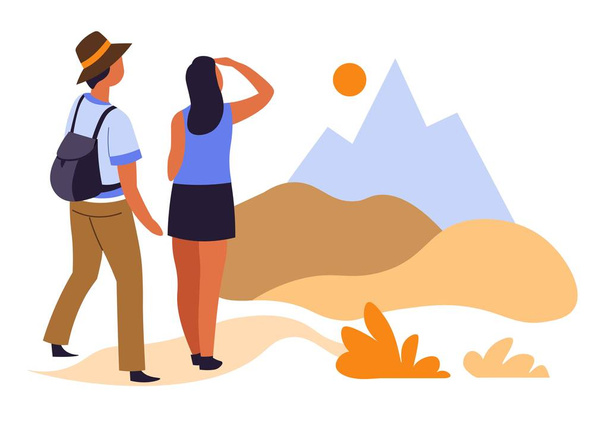 Hiking hikers couple and sunrise in mountains traveling and tourism vector travelers and landscape backpacking or trekking romantic walking trip adventure view man and woman wild nature rocks. - Vektori, kuva