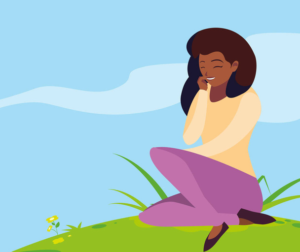 beautiful black woman seated in the park - Vector, Image
