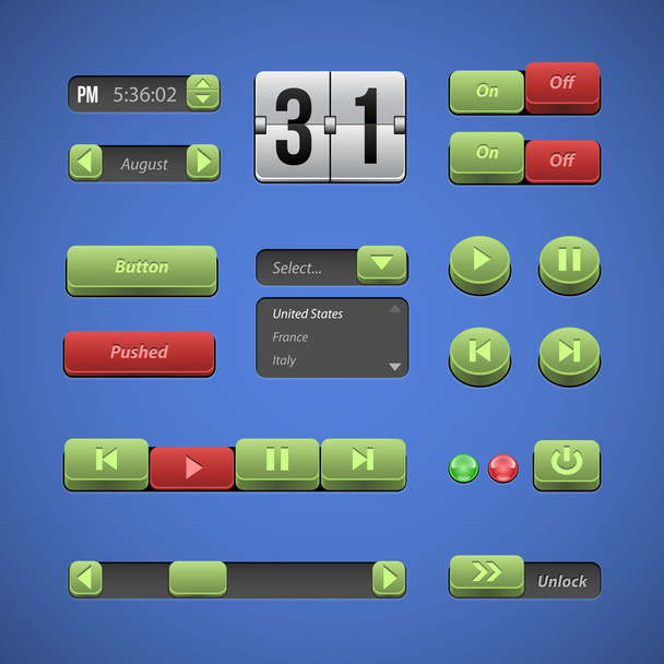 Raised Buttons Green And Red UI Controls Web Elements: Buttons, Switchers, On, Off, Drop Down List, Arrows, Calendar, Date, Time, Clock, Power, Scroller, Player, Audio, Video: Play, Stop, Next, Pause - Vektor, Bild