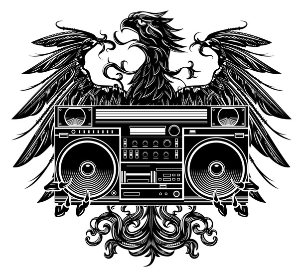 Heraldry style eagle holding a boombox - Vector, imagen