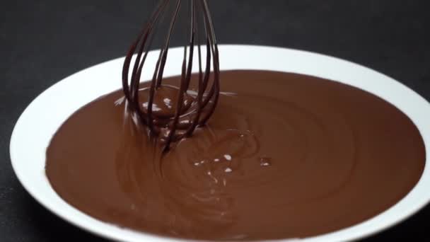 Macro de leche derretida o chocolate negro remolino en plato y batidor sobre fondo de hormigón
 - Metraje, vídeo
