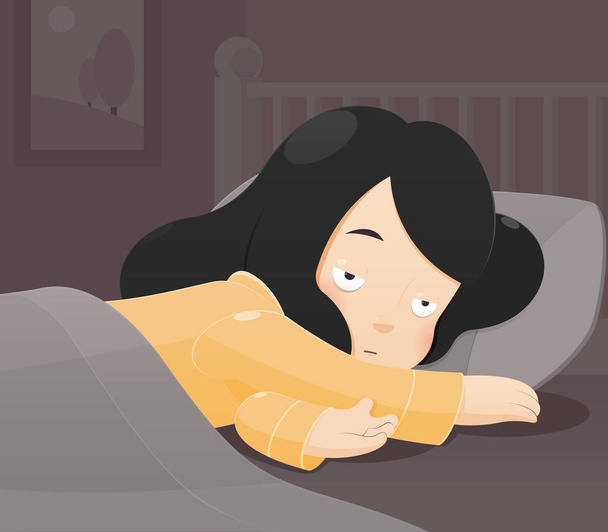 Woman lying in bed suffering from insomnia. - Vektor, obrázek