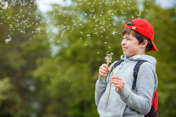 Happy child blowing dandelion flower outdoors. Boy having fun in spring park. Blurred green background - Foto, Imagem