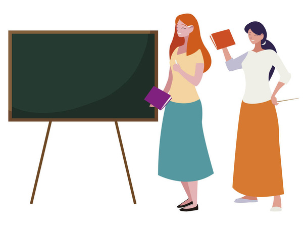 female teachers couple with textbooks and chalkboard - Vector, Image