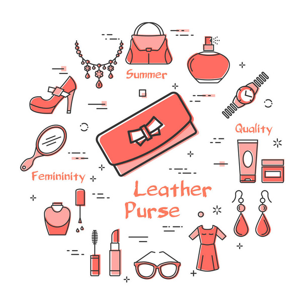 Γυναικεία αξεσουάρ Concept με κόκκινη δερμάτινη τσάντα - Διάνυσμα, εικόνα