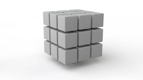 3D rendering of a set of cubes located in space, of different size, white color, isolated on a white background. Geometric model of destruction, chaos and variety of forms. 3D illustration. - Photo, image