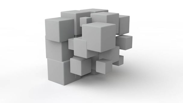 3D-rendering van een set kubussen die zich in de ruimte, van verschillende grootte, witte kleur, geïsoleerd op een witte achtergrond. Geometrisch model van vernietiging, chaos en verscheidenheid van vormen. 3D-illustratie. - Foto, afbeelding