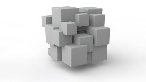 3D teszi egy sor kocka található térben, a különböző méretű, fehér színű, elszigetelt fehér alapon. Geometriai modell a pusztítás, a káosz és a különböző formák. 3D-illusztráció. - Fotó, kép