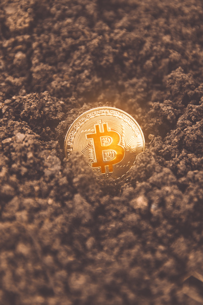 Bitcoin coin in the ground, treasure. Close-up of a golden bitcoin currency - Photo, Image