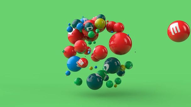 3D иллюстрация многих шариков разных цветов изолированы на зеленом фоне. Витамины разбросаны в космосе. Идея здорового питания, силы и здоровья. 3D рендеринг
 - Фото, изображение