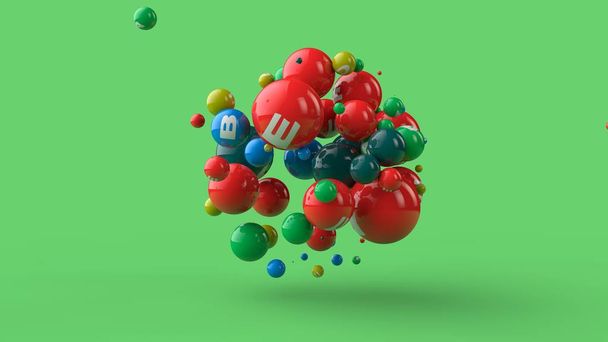 Ilustração 3D de muitas bolas de cores diferentes isoladas em um fundo verde. As vitaminas estão espalhadas no espaço. A ideia de uma dieta saudável, força e saúde. Renderização 3D
 - Foto, Imagem