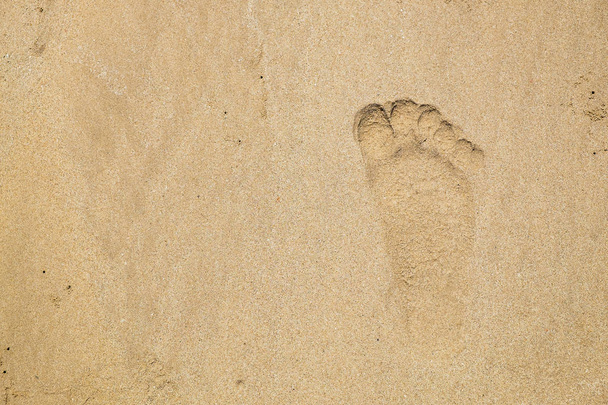 Voetafdruk op het strand zand. Menselijke Barefoot Mark na lopen. - Foto, afbeelding