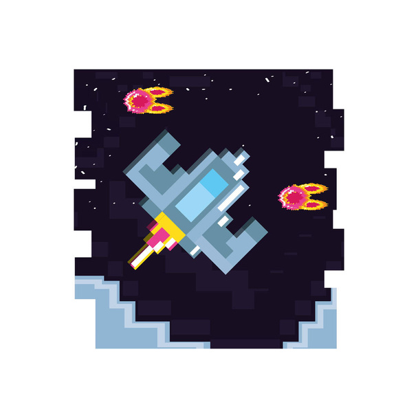 nave espacial de videojuegos volando pixelada
 - Vector, Imagen
