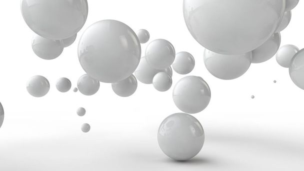 Ilustração 3D de bolas de diferentes tamanhos penduradas no espaço. A ideia de ordem, caos e harmonia. Abstração. Imagem comparativa da geometria do espaço. 3D renderização isolada no fundo branco
. - Foto, Imagem