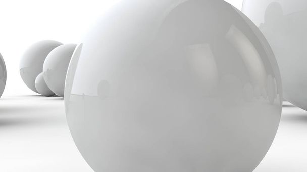 Ilustración 3D de grandes esferas blancas y muchas bolas pequeñas sobre una superficie blanca. La idea de la belleza. Imagen comparativa de la geometría del espacio. Representación 3D aislada sobre fondo blanco
. - Foto, imagen