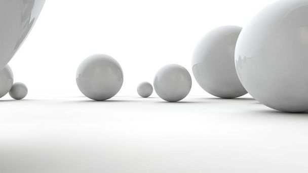 Ilustração 3D de bolas de diferentes tamanhos em uma superfície branca. A ideia de ordem, caos e abstração. Imagem comparativa da geometria do espaço. 3D renderização isolada no fundo branco
. - Foto, Imagem
