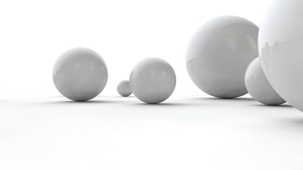3D απεικόνιση των μεγάλων και μικρών λευκών σφαιρών και πολλές διαφορετικές μπάλες σε μια λευκή επιφάνεια. Η ιδέα της ομορφιάς. Συγκριτική εικόνα της γεωμετρίας του χώρου. 3D απόδοση απομονωμένη σε λευκό φόντο. - Φωτογραφία, εικόνα