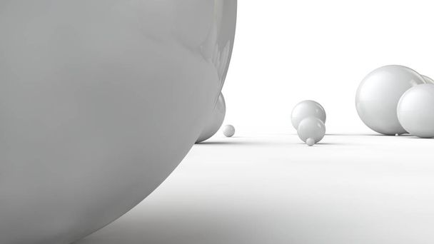 白い表面に大きな白い球と多くの小さなボールの3Dイラスト。美の考え方空間の幾何学の比較画像。白い背景に分離された3Dレンダリング. - 写真・画像