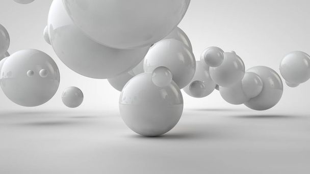 Illustration 3D de boules de différentes tailles suspendues dans l'espace. L'idée d'ordre, de chaos et d'harmonie. L'abstraction. Image comparative de la géométrie de l'espace. rendu 3D isolé sur fond blanc
. - Photo, image