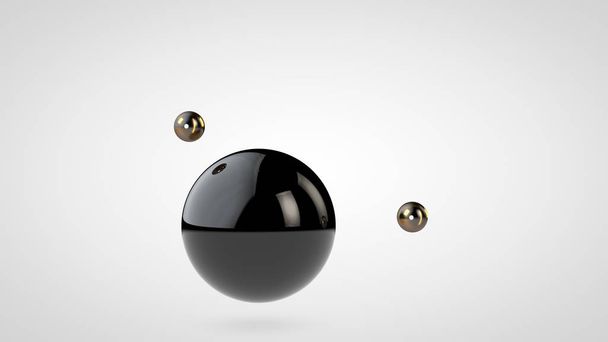 白い背景に隔離された2つの小さなボールに囲まれた黒い光沢のあるボールの3Dイラスト。幾何学的形状の抽象表現。3D レンダリング - 写真・画像