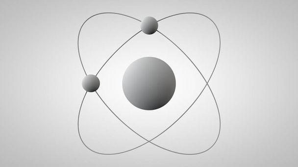 軌道上に核と2つの電子を持つ原子モデルの3D図。ラザフォード原子の構造の3Dモデル。アイデア、原子力の象徴。白い背景の3Dレンダリングを分離. - 写真・画像