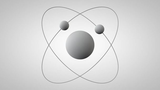 3D απεικόνιση ενός μοντέλου ατόμου με έναν πυρήνα και δύο ηλεκτρόνια σε τροχιές. 3D μοντέλο της δομής του ατόμου του Ράδερφορντ. Ιδέα, σύμβολο της ατομικής ενέργειας. 3D απόδοση σε λευκό φόντο απομονώνεται. - Φωτογραφία, εικόνα